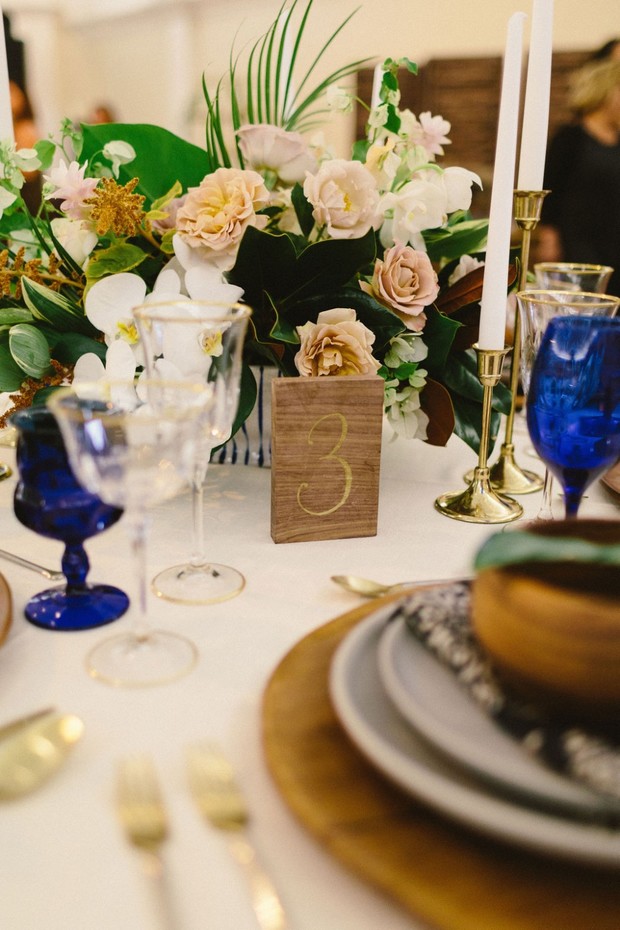 gold and wood wedding table number