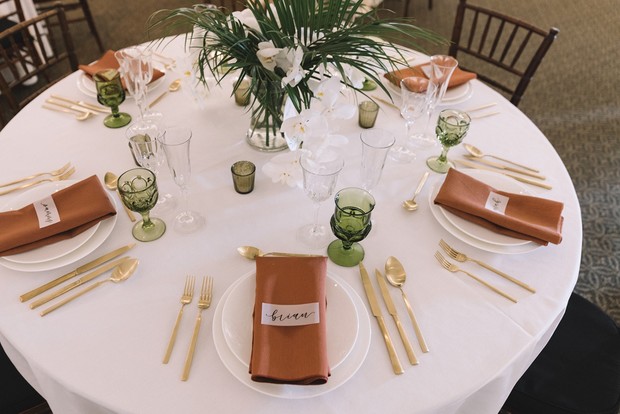 gold green and terracotta wedding table decor