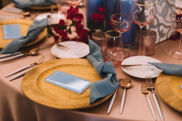 blue and pink wedding place setting