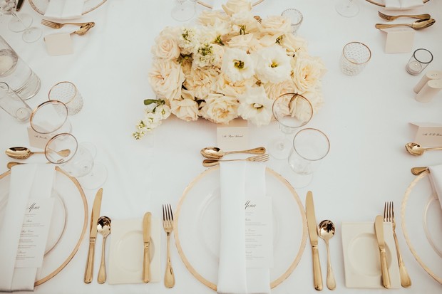 white and gold wedding place setting