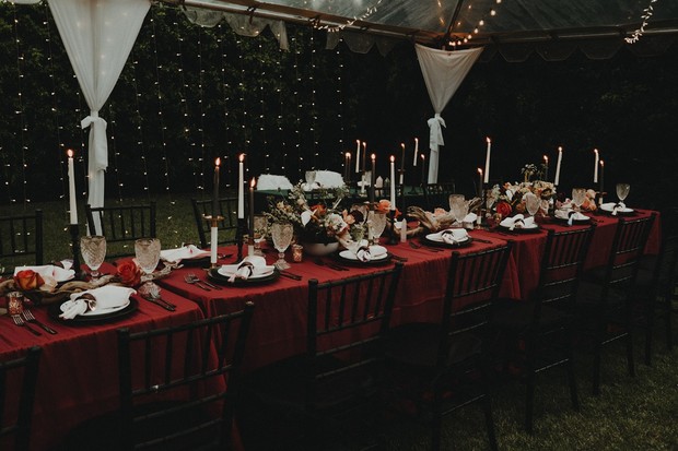 Moody red and blush wedding table