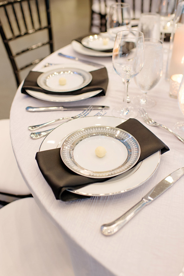 black and white wedding place setting