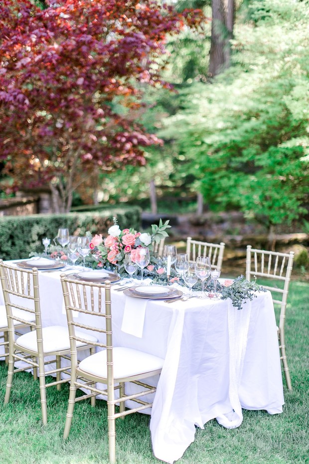 garden wedding reception in coral and white