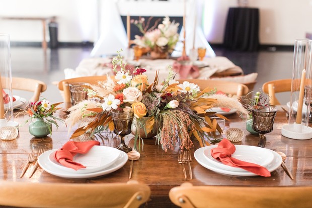 gold and coral wedding table decor