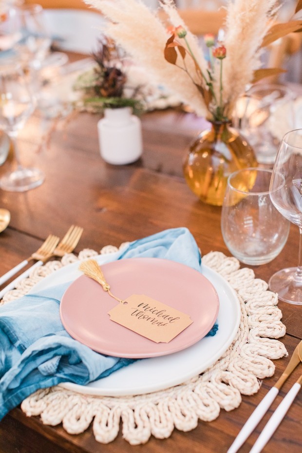 teal and dusty rose wedding place setting