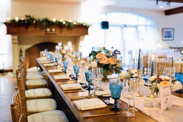 wedding reception in blue and gold