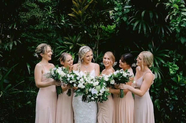 wedding party in blush and white