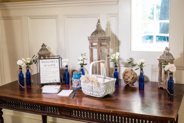 blue and white wedding welcome table