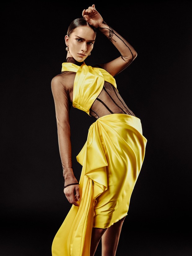 Michael Fausto sheer sleeved and yellow gown