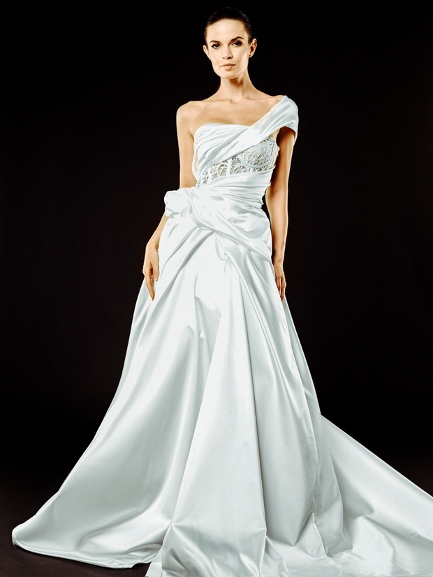 sexy draped Michael Fausto bridal gown
