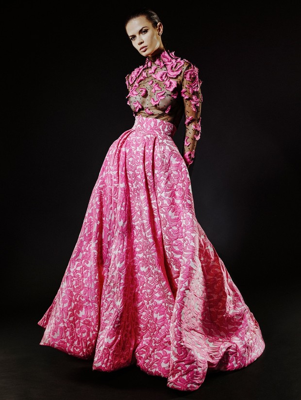 pink pattered Michael Fausto gown