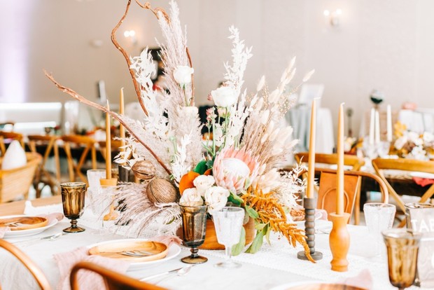 amber and white wedding table decor