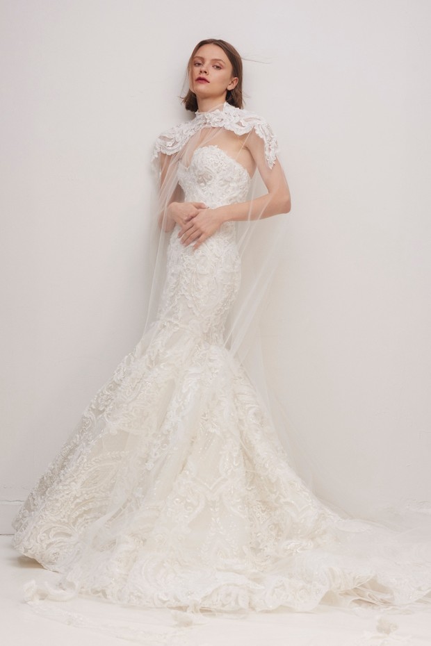 Stunning lace mermaid wedding gown with tulle cape