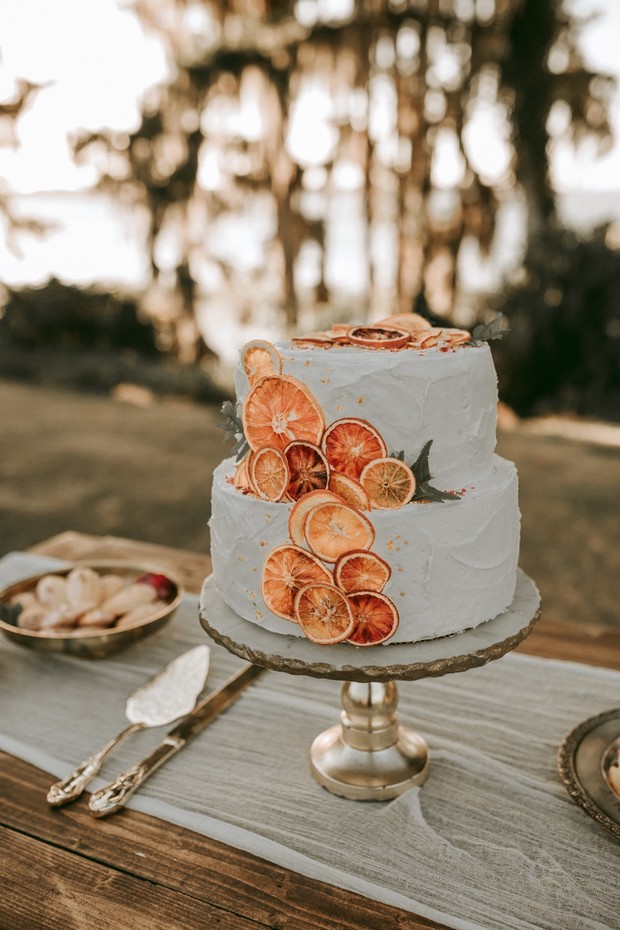wedding cake with baked orange accents