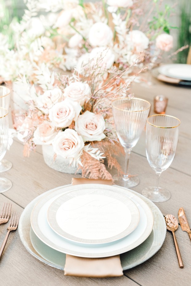 rose gold and grey wedding place setting