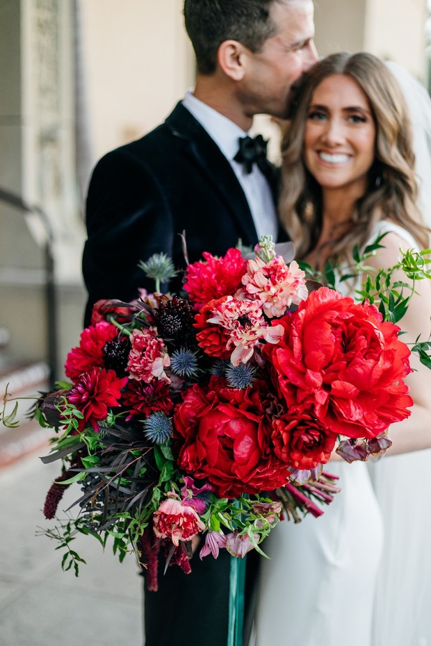 red and blue wedding bouquet