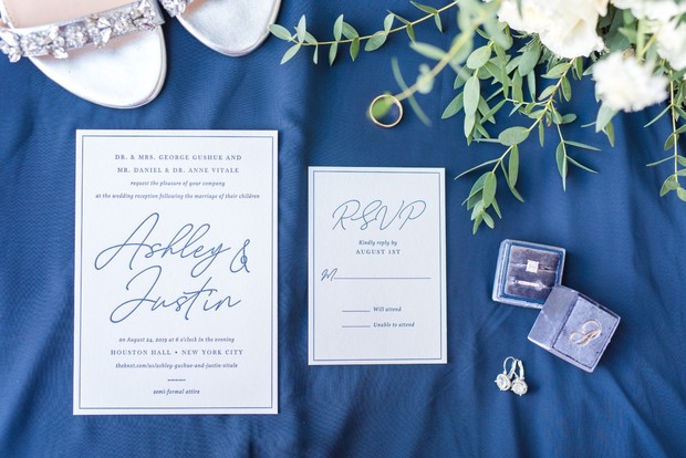 elegant and simple blue and white calligraphy invites