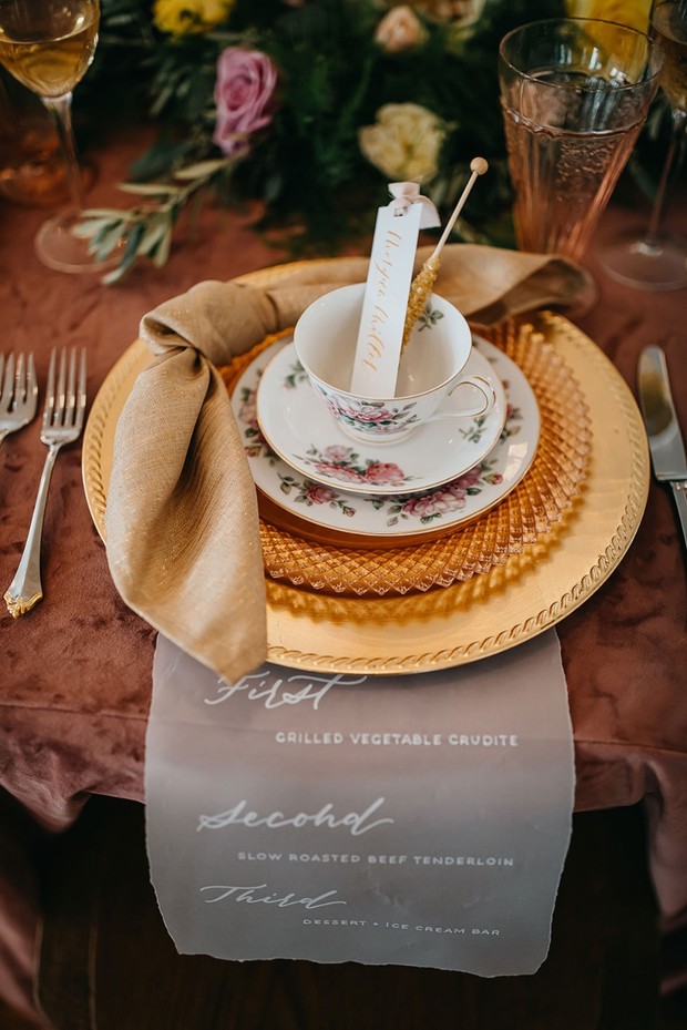 gold and china wedding place setting