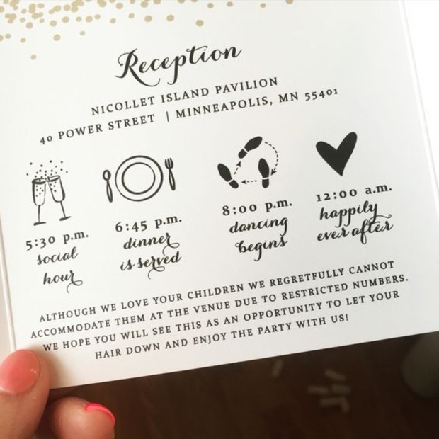 Wedding reception invitation with event details and schedule