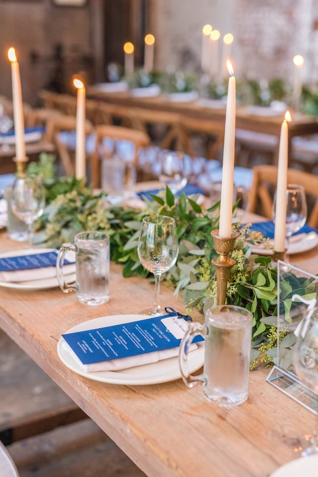 blue and white rustic industrial chic wedding table decor