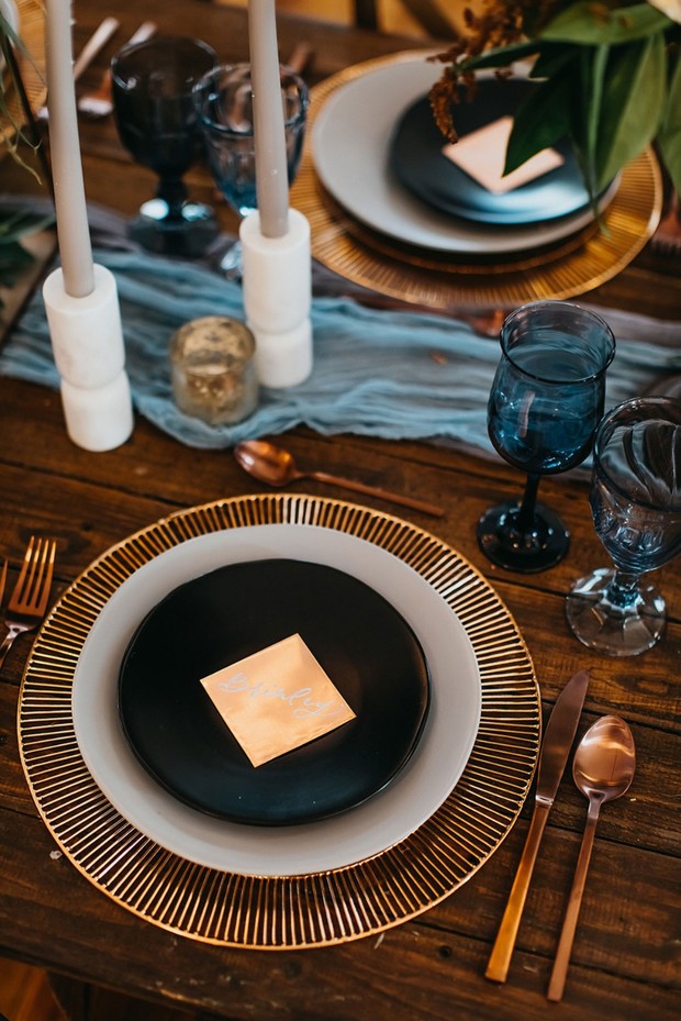black and copper wedding place setting