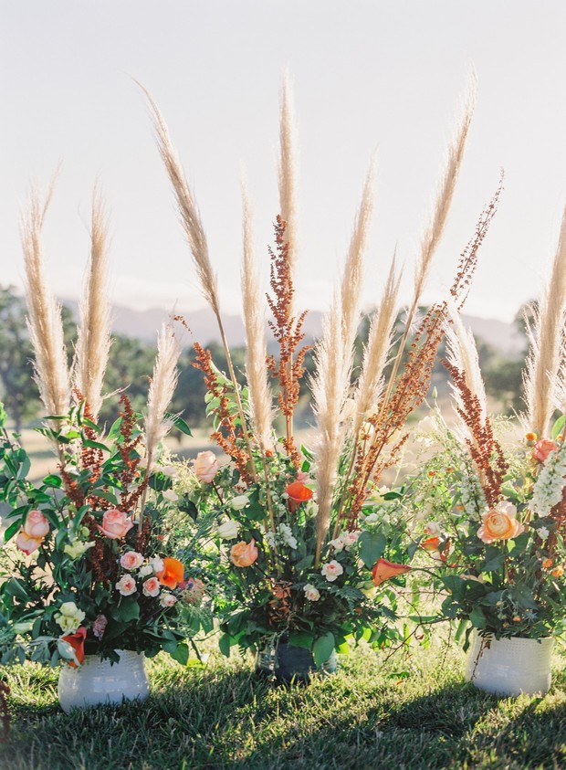 Elegant floral arrangement with pampas grass outdoors