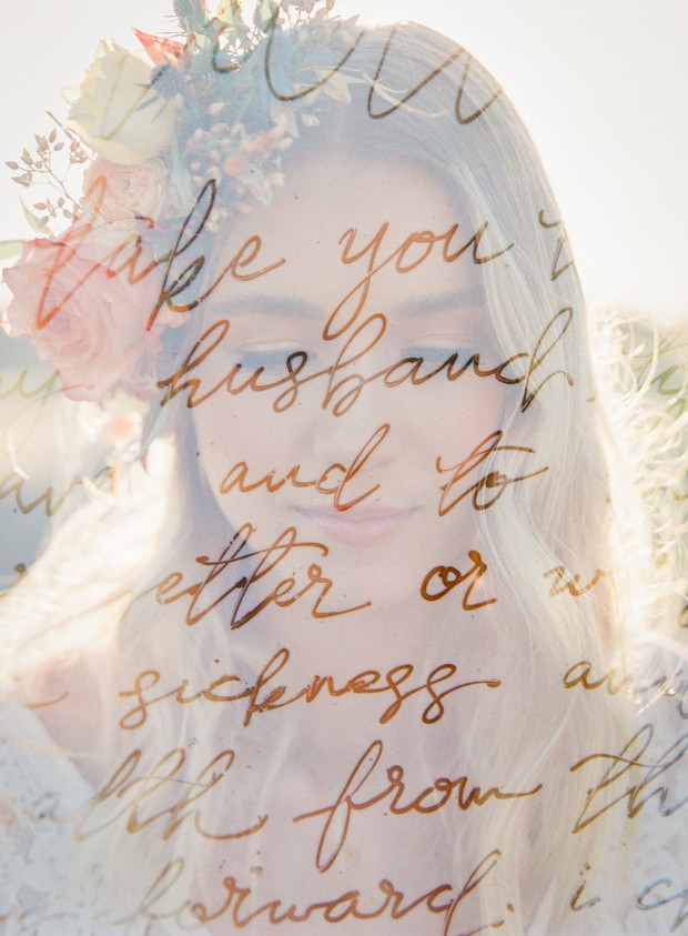 Dreamy bride with floral crown and handwritten vows overlay