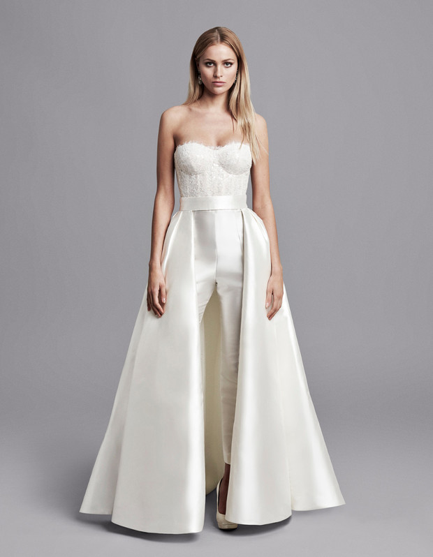 Elegant bridal jumpsuit with detachable skirt and lace top
