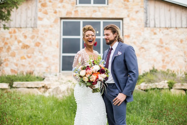 Joyful bride and groom share a happy moment on their wedding day