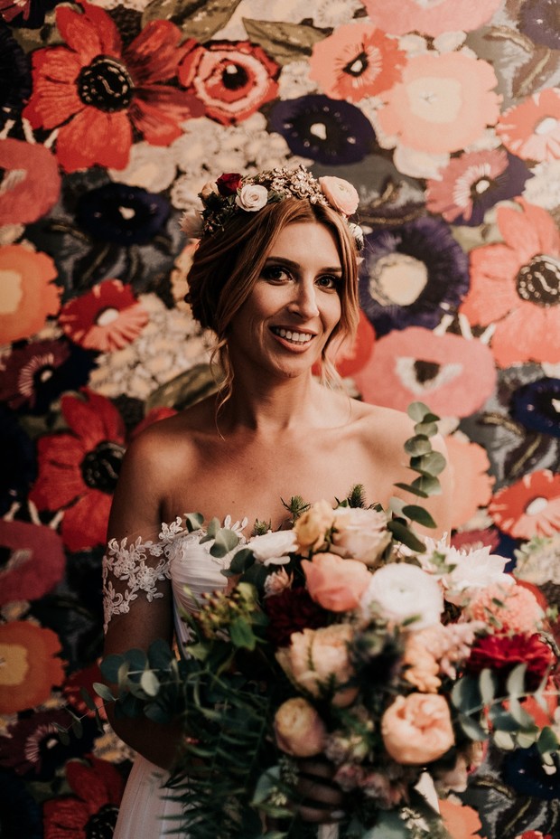 funky floral backdrop wedding portrait