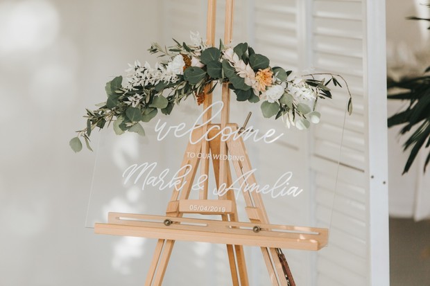 Wedding welcome sign with floral decor, Mark and Amelia, 05/04/2019