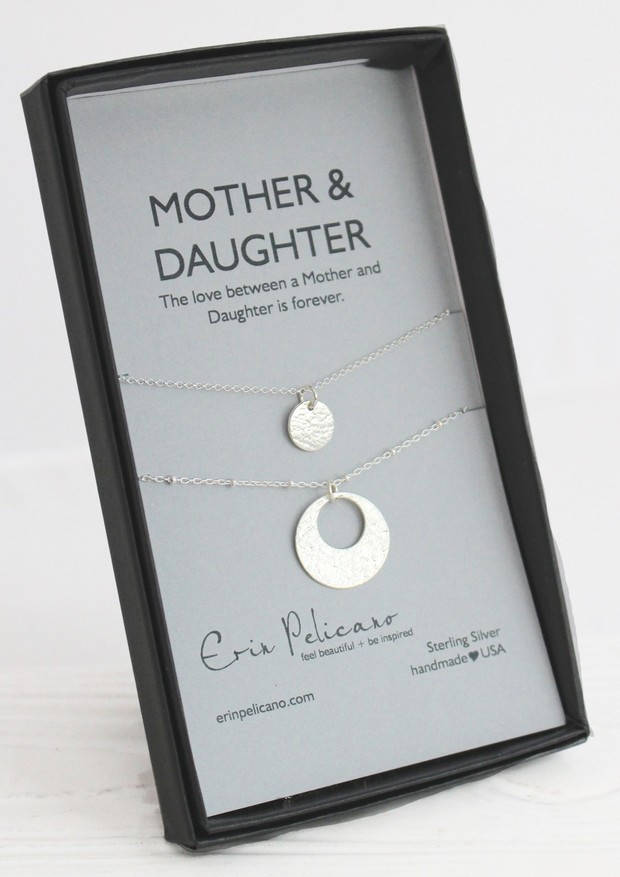Mother and daughter silver necklaces set in a gift box