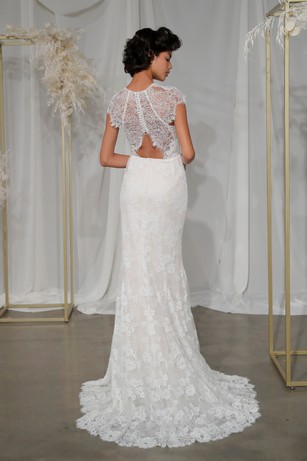 Elegant backless lace wedding dress with cap sleeves