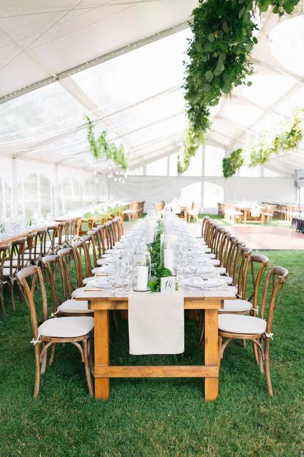 chic white and green tented wedding reception