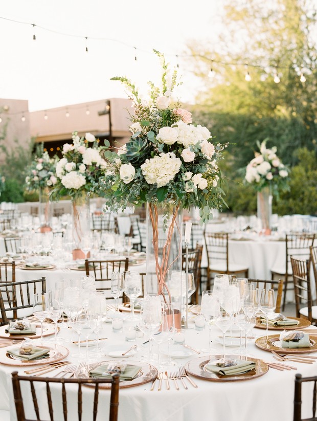 copper and white wedding table decor