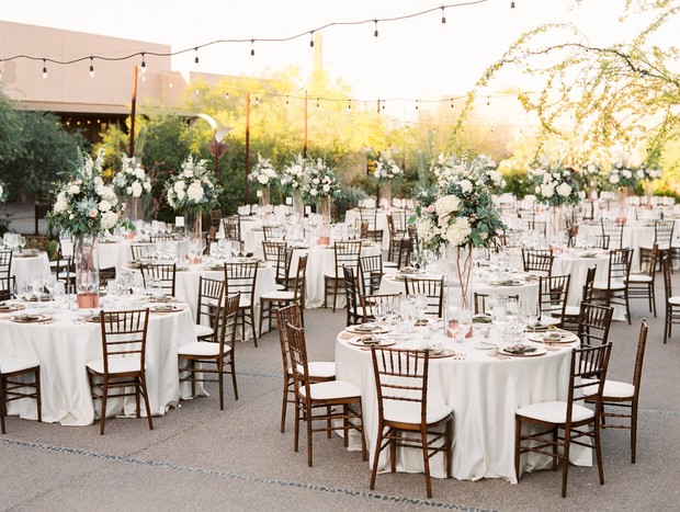 white and copper wedding reception