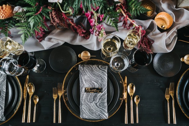gold black and grey marble wedding place setting