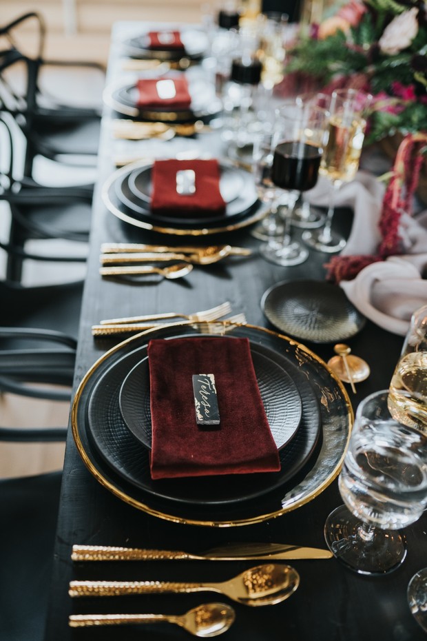 gold and black with red velvet linen