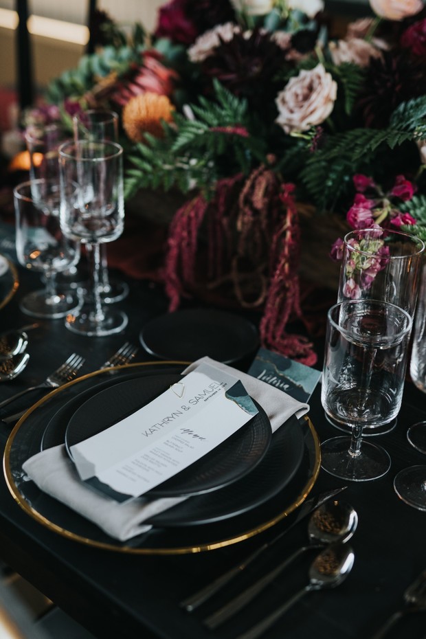 soft grey black and gold wedding place setting