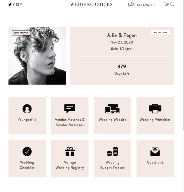 Wedding Chicks profile page with wedding planning tools