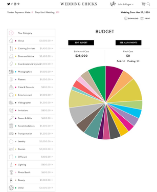 Wedding planning budget breakdown with a colorful pie chart diagram
