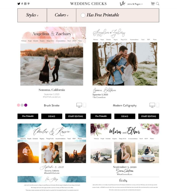 Wedding Chicks website showing different wedding invitation designs