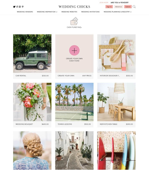 Wedding Chicks website showcasing various wedding services and products