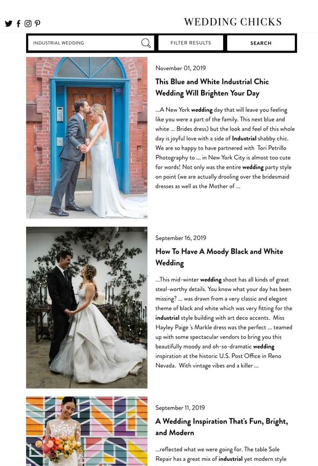 Wedding Chicks website showcasing industrial wedding ideas with couples