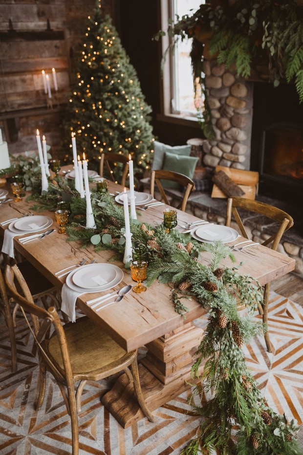 rustic modern wintertime wedding table decor in the mountains