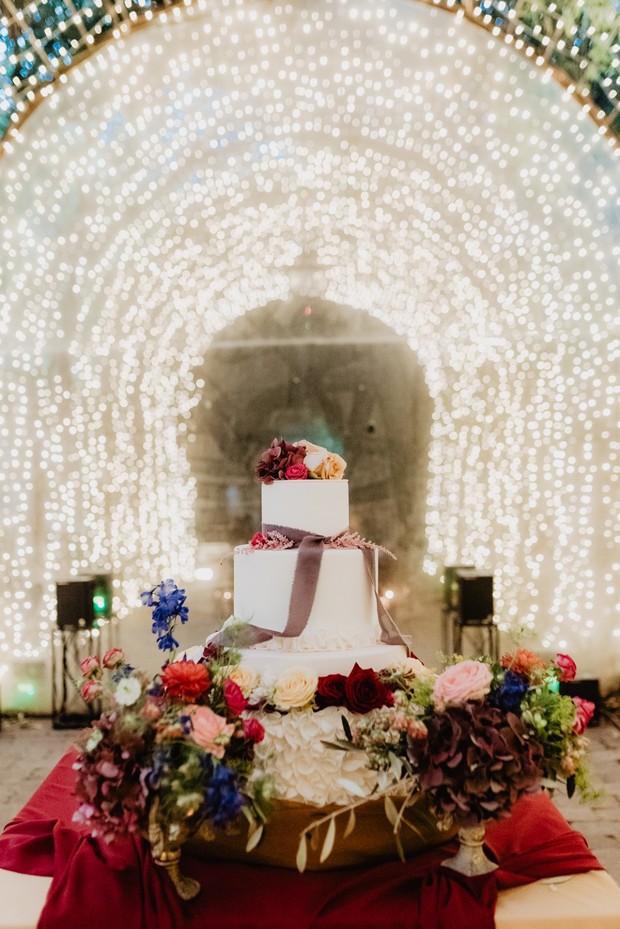 wedding cake and lights