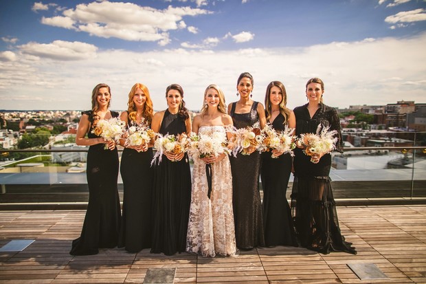 modern bridesmaids in mismatched dresses
