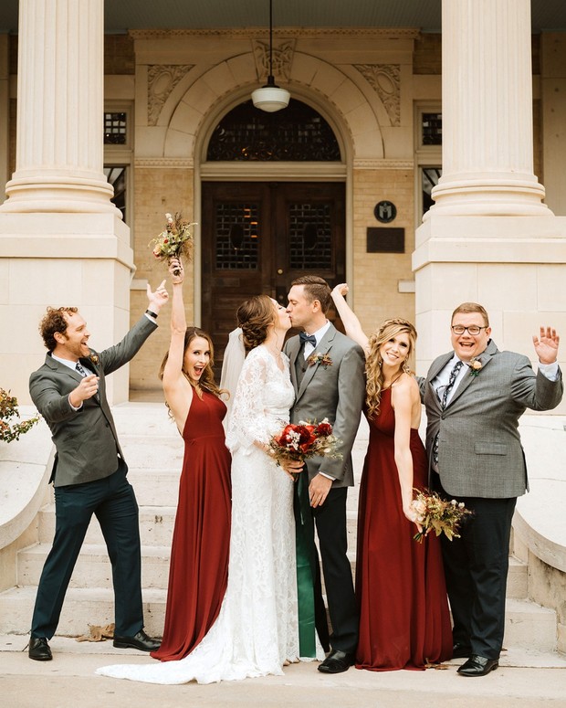 red and grey wedding party