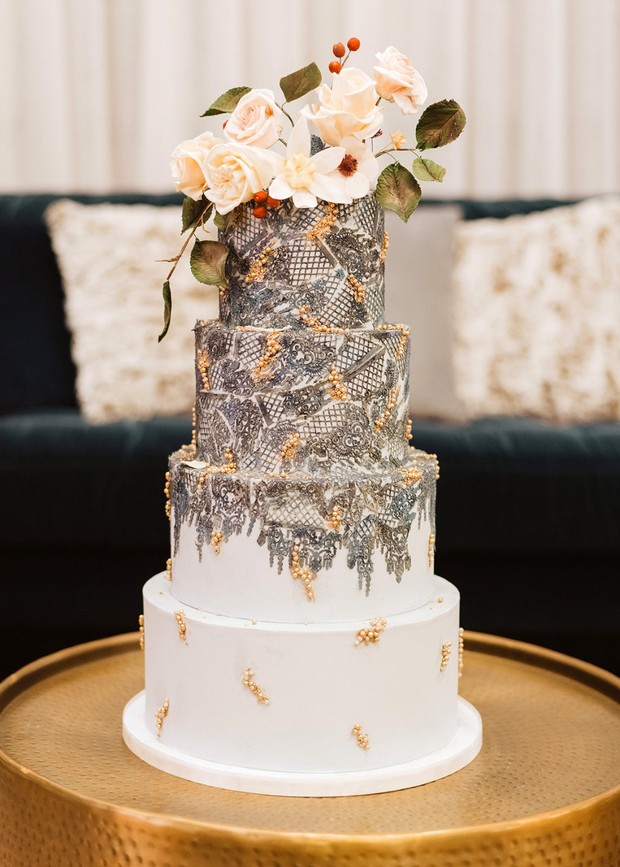 dramatic silver and gold wedding cake