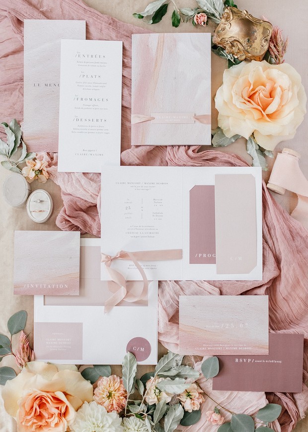 romantic dusty rose and blush wedding invitation suite